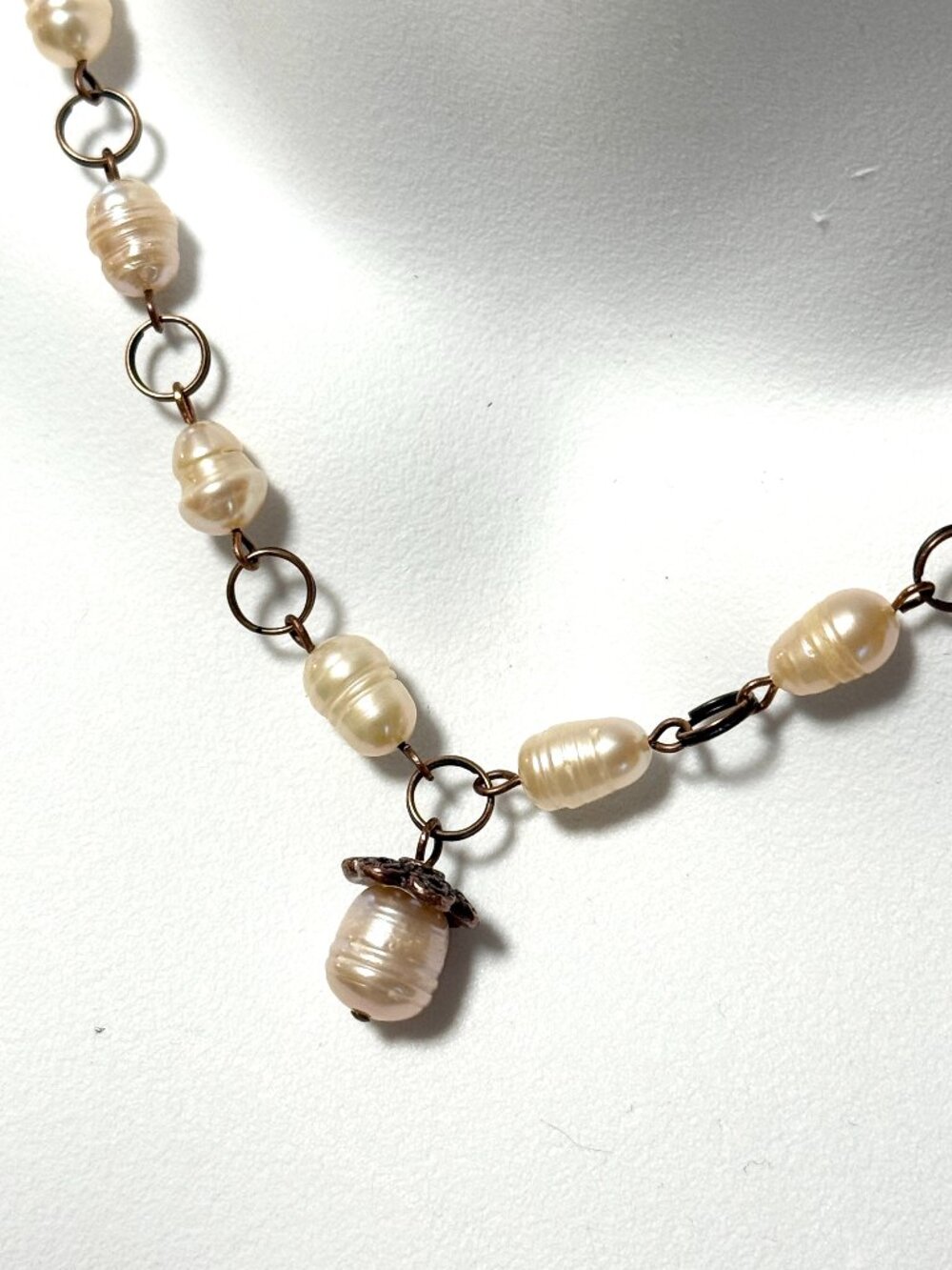 Pale Pink Large Freshwater Pearl Short Necklace with Cute Pendant, Copper Links